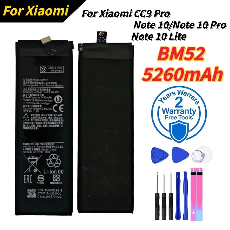 

2026 Years Fast Shipping Lithium battery BM52 For Xiaomi Mi Note 10 Lite/Mi Note 10 Pro / CC9pro CC9 Pro 5260mAh Batteries