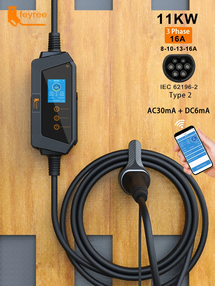 Feyree Typ2 Kabel Tragbares EV-Ladegerät 11KW 16A 3P Autoladegerät mit WLAN-App-Steuerung EVSE Ladebox CEE-Stecker für Elektrofahrzeuge