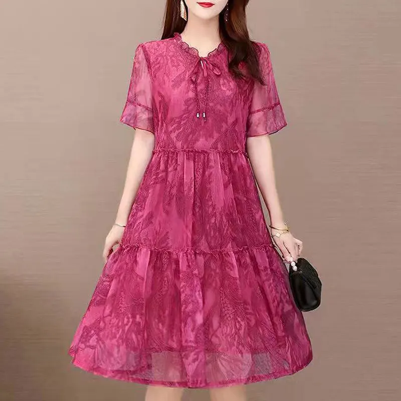 Vintage Printed Gauze Spliced Dresses Casual Drawstring Summer O-Neck Ruffles Female Clothing Fashion Short Sleeve Midi Dress
