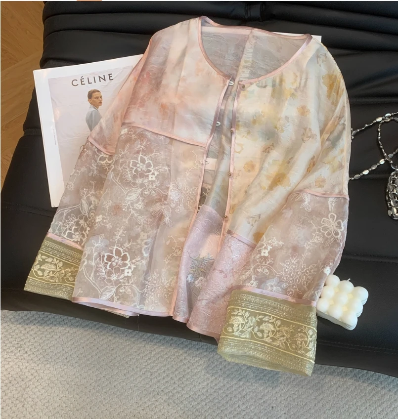 

Fashionable and versatile slimming round neck long sleeved embroidered jacquard shirt, women's thin Chinese style jacket top