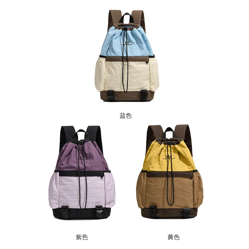 Waterproof nylon light backpack pull rope strap mouth schoolbag for boys and girls color large capacity travel backpack