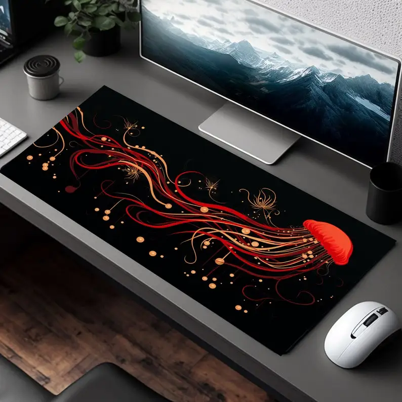 

Japanese Marine Life Desk Mat, Japanese Aesthetic Office Decoration, Featuring Magnificent Jellyfish in Red, Black, and Gold