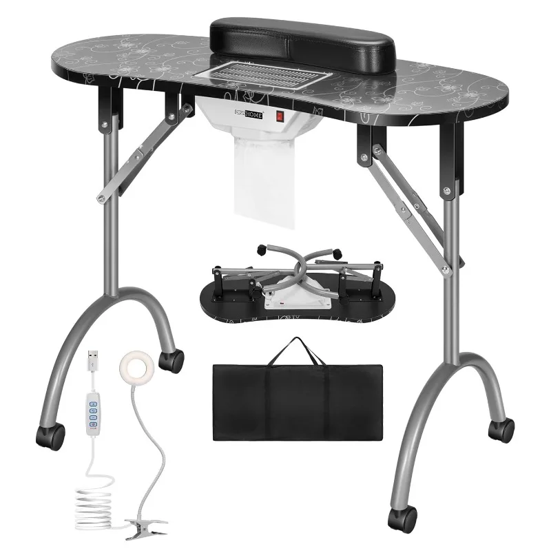 Portable Manicure Nail Table on Wheels with Built-in Dust Collector, Updated USB-Plug LED Table Lamp, Carry Bag for Home Spa