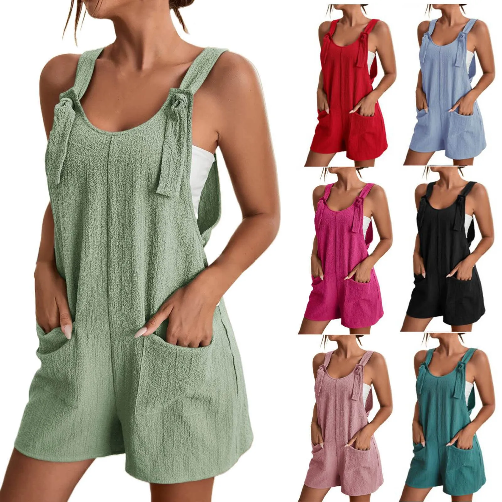 

Women Loose Style Playsuits Overalls Boho Solid Color Dungarees Strap Playsuits Sleeveless Rompers Summer Casual Short Jumpsuit