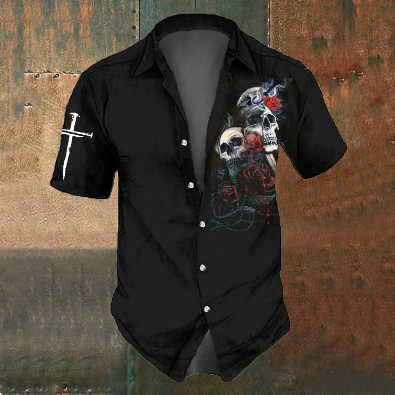 Men's Halloween Skull 3D Print Breathable Hawaiian Shirt Beach Vacation Shirt Men's Street Clothing Shirt Short Sleeve Lapel Top