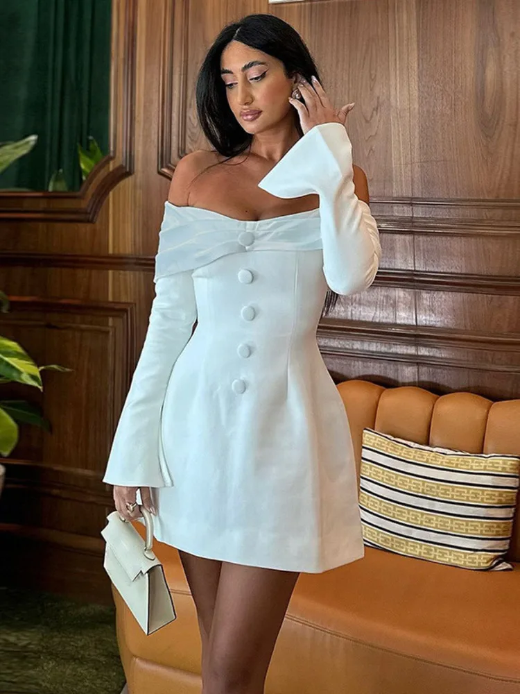 Mozision Off-shoulder Long Flare Sleeve Sexy Mini Blazer Dress For Women Autumn Winter New Strapless Backless Elegant Dress