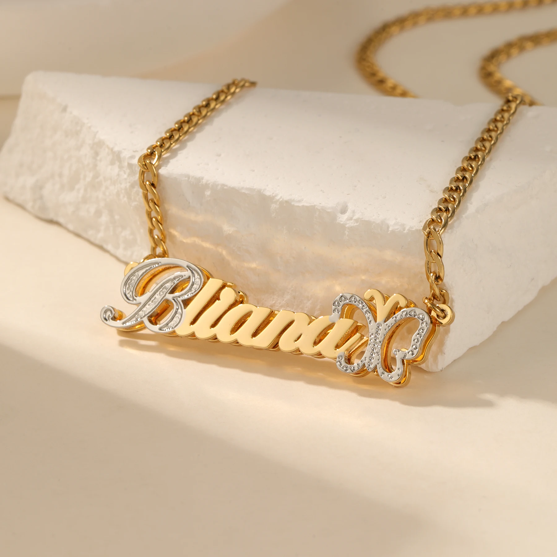 

Ожерелье-бабочка по индивидуальному заказу, 3D имя, ювелирные изделия, персонализация, двухцветное имя, ювелирные изделия, 18-каратное позолоченное имя, кулон, подарок для нее