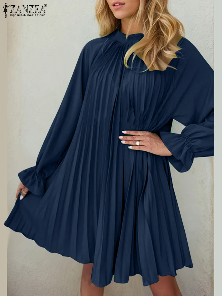 

Fashion Spring Long Sleeve Pleated Party Dress Streetwear Solid Holiday Vestidos ZANZEA Women Stand Neck Knee Length Sundress