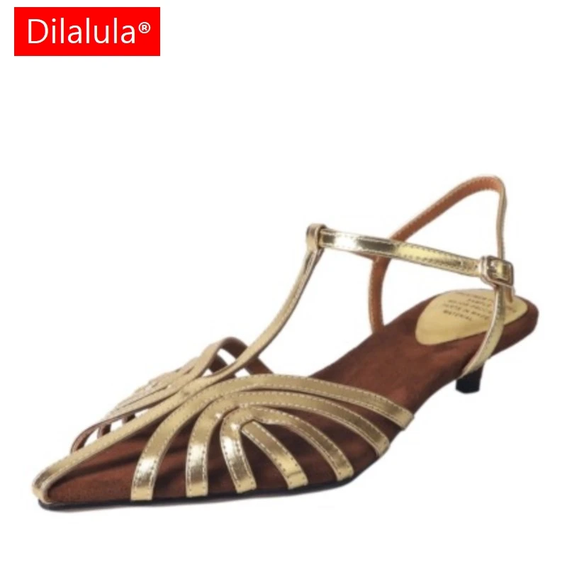 

Dilalula 2025 Genuine Leather Narrow Band Summer Sandals Women Pointed Toe Kitten Heel T-Strap Dress Sandals Ladies Party Shoes