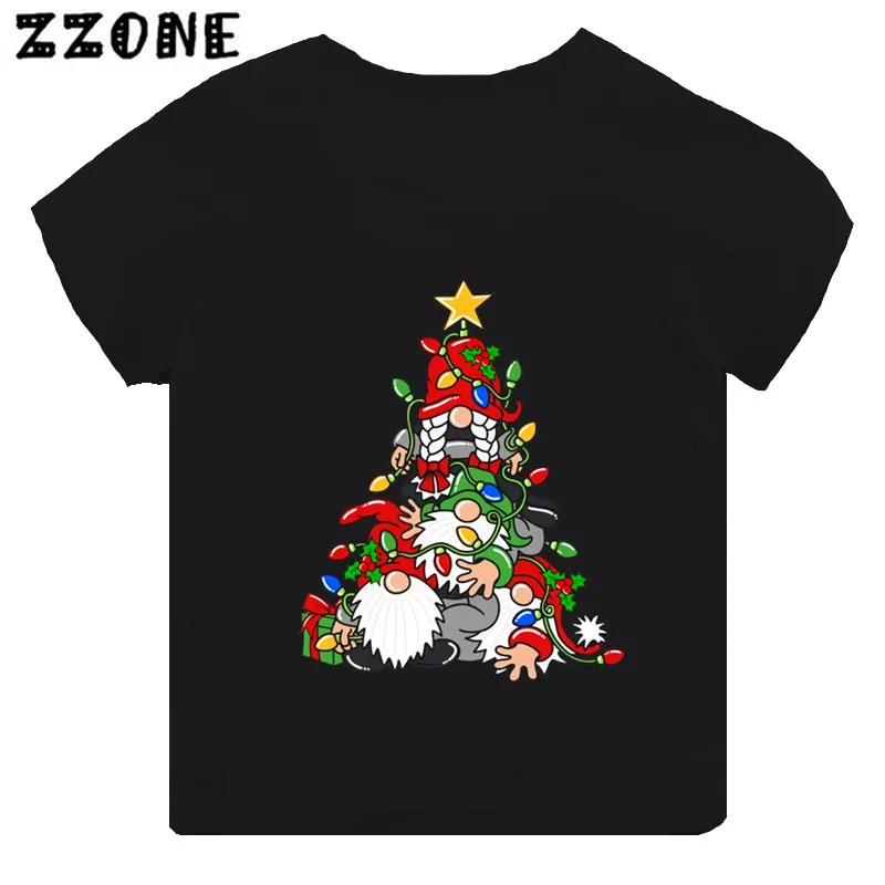 T-shirt noir à manches courtes pour enfants, joyeux Noël, gnome, cerf, père Noël, imprimé, drôle, vêtements pour filles, bébé, garçons, enfants, Y, TH5865