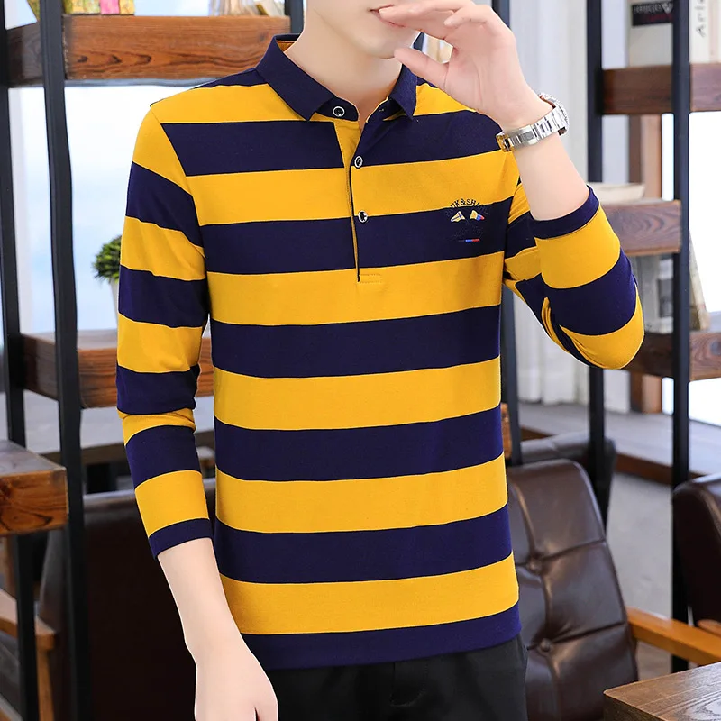 Spring Autumn Turn-down Collar Contrast Color Men\'s Clothing Button Striped Long Sleeved Pullover T-shirt Comfortable Tops