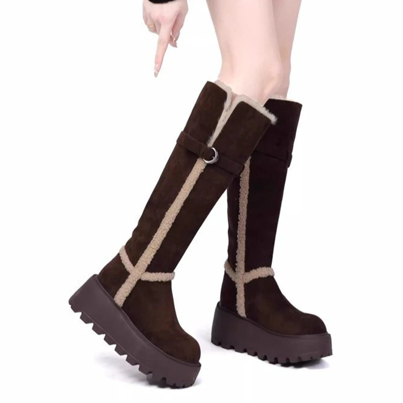 

Platform Women Fur Snow Boots Flats Winter Warm Cotton Shoes 2025 Casual Plush Long Boots Sport Walking Shoes Chelsea Botas Lady