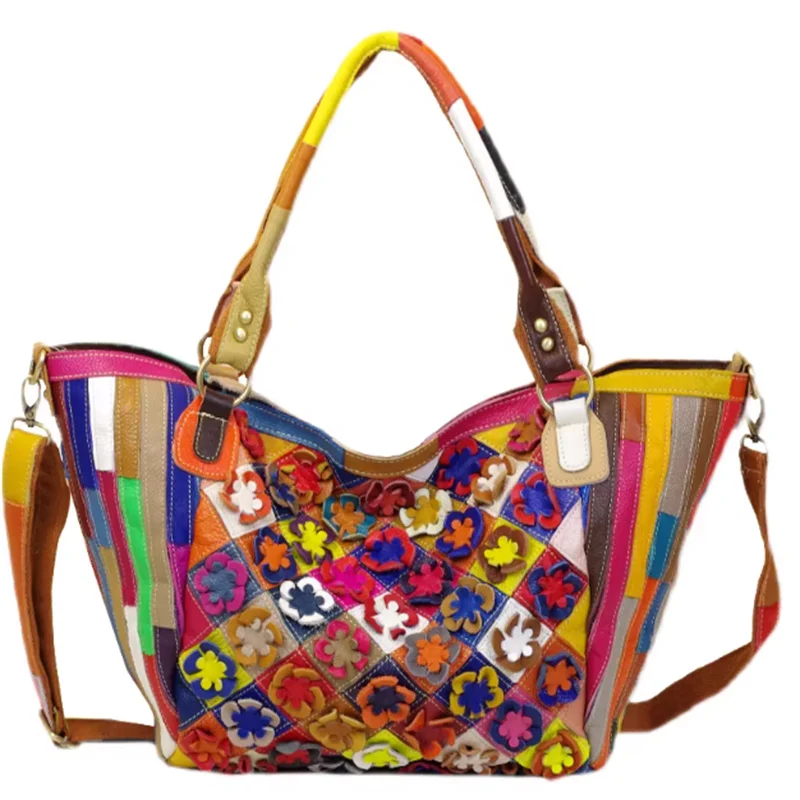 Leather cowhide casual flower patchwork crossbody bag, large capacity dumpling bag, single shoulder bag