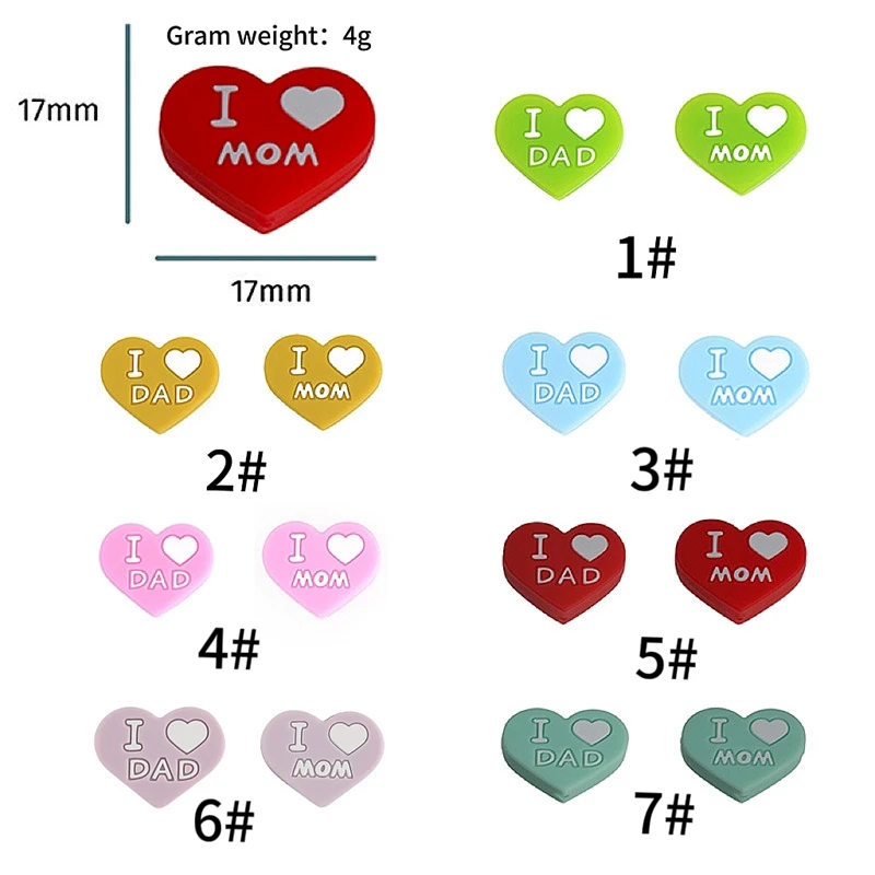 10Pcs I Love Dad/Mom Silicone Beads Heart Shape Focus Beads For Jewelry Making DIY Pacifier Chain Bracelet Accessories