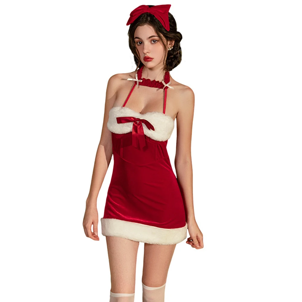 

Faux Fur Trim Red Velvet Strapless Dress Tight-fitting Mini Dress Women Santa Claus Christmas Package Hip Dress New Year Costume