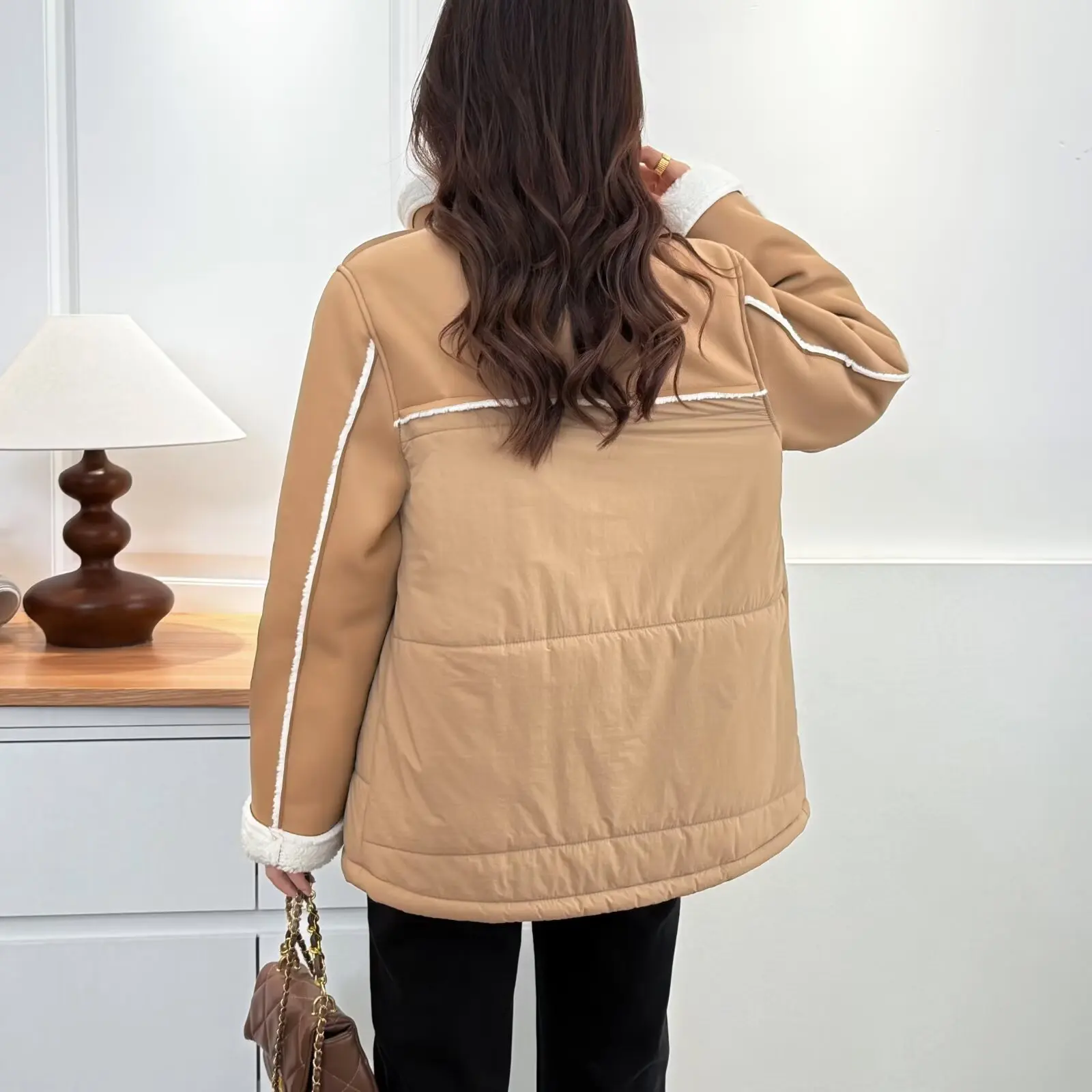 XXXXL Mode Plus Größe Damen Parkas Winter Neue Stilvolle Lammfell Fleece Patchwork Stehkragen Gepolsterte Jacke Warmer Mantel 2256