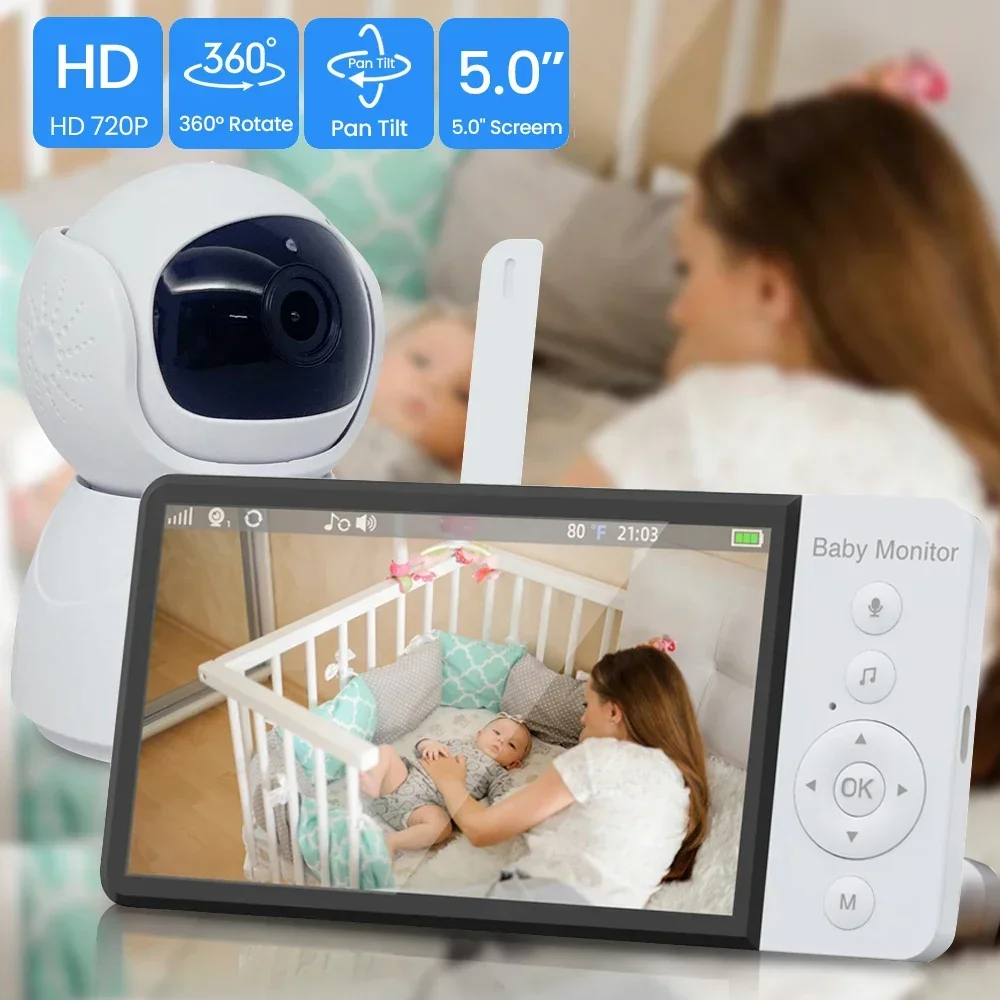 

5.0 Inch Wireless Video Baby Monitor 5000mAh Battery IPS Screen With Nanny PTZ Camera 2-way Audio VOX Lullaby TF Card Record