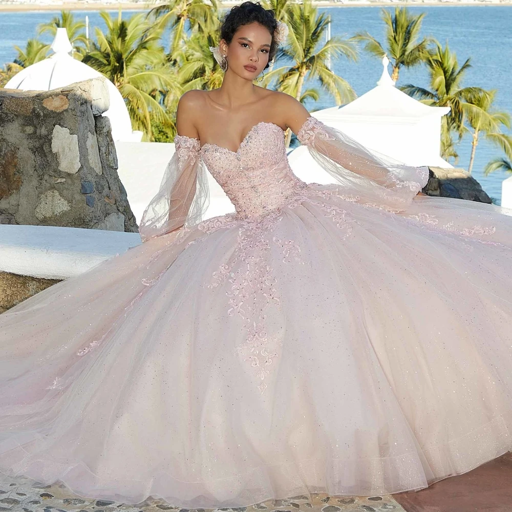 

EVLAST Blush Quinceanera Dress Ball Gown Detachable Pouf Long Sleeve Appliques Beaded Corset Sweet 16 Vestidos De XV Anos TQD130