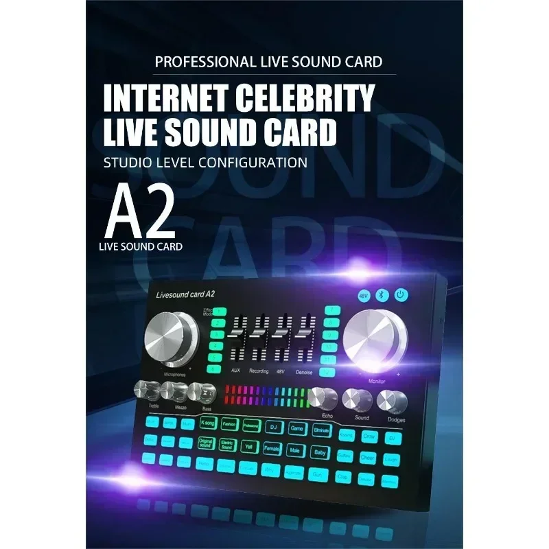 

A2 Soundcard live Sound Card Bluetooth-compatible Mixer Audio Professional Adjustable Volume Audio for Music Recording Karaoke