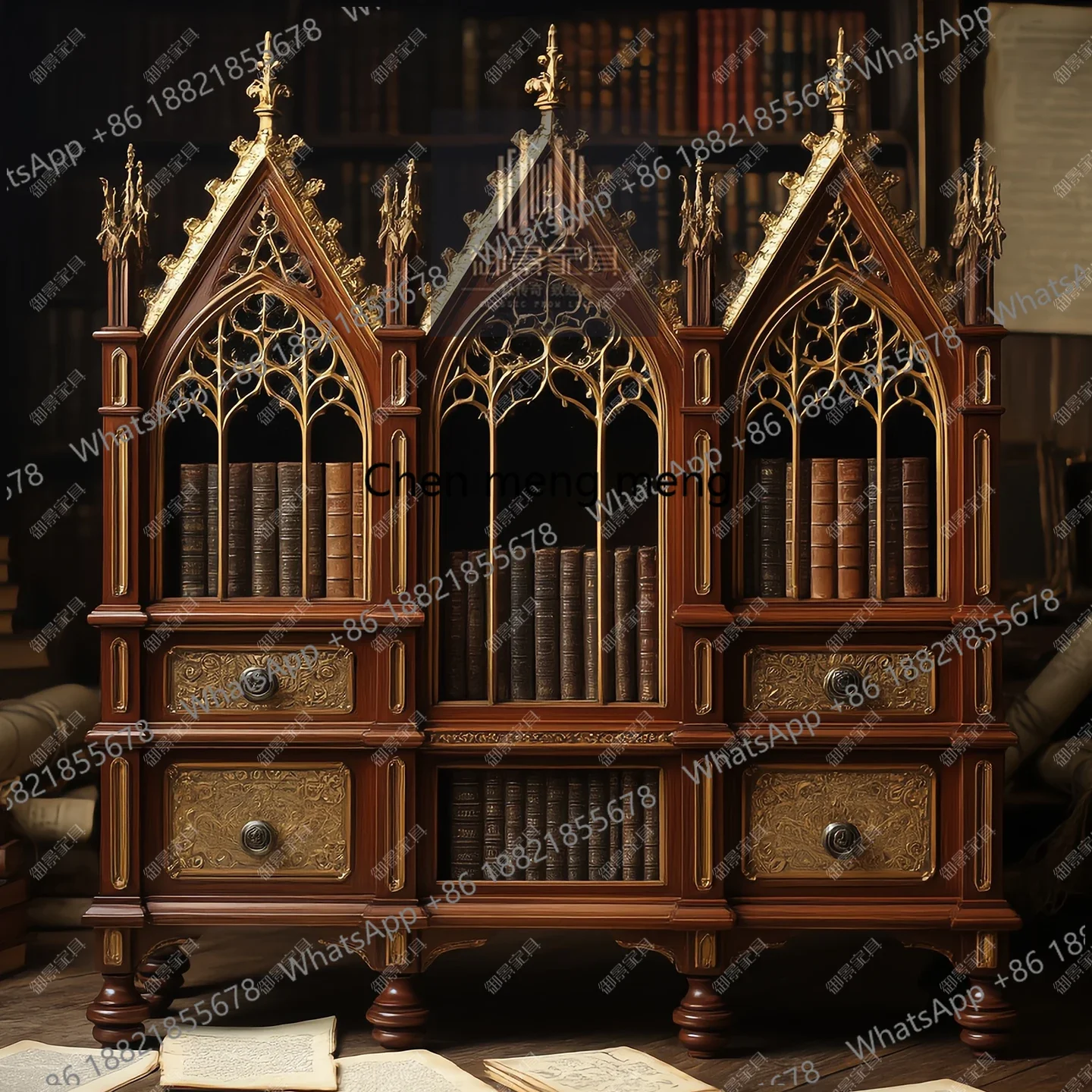 X188 solid wood building bookshelf French baroque gold foil baking paint bookcase display cabinet study furniture customization