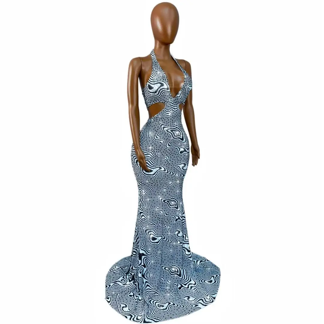 Xiaobanma Elegant Swirl Wave Pattern Rhinestone Bodycon Long Dress Halter Plunge V Hollow Torso Gala Party Outfit