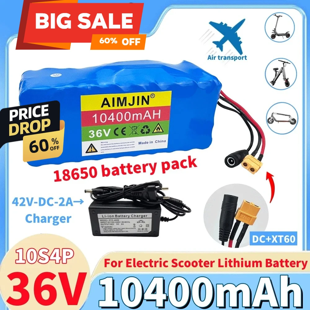 

10S4P 10400mAh 100% Original 36V battery pack 1000W high-power battery with BMS/30A fuse+42V 2A charger
