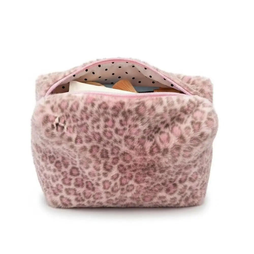 Bolsa de Maquiagem Fuzzy de Alta Qualidade, Grande Capacidade, Bolsa Cosmética Portátil, Organizador de Produtos de Higiene com Estampa de Leopardo para Meninas