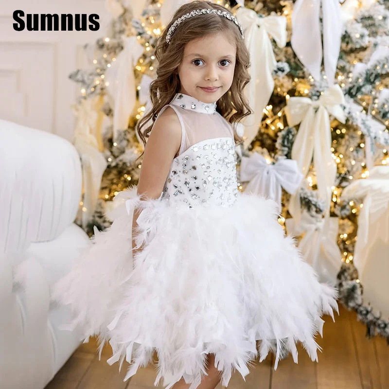 

SUMNUS White A-Line Flower Girl Dresses Knee-Length Feather Crystal Sleeveless Wedding Occasion Gowns Customized