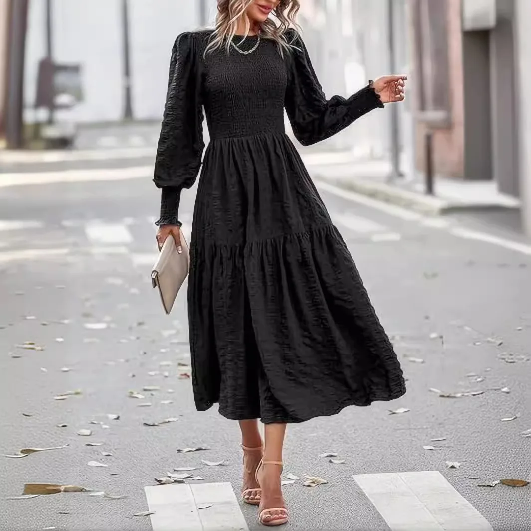 2025 outono inverno novo boêmio smocked maxi vestido lanterna manga em camadas plissado hem saia elegante roupas femininas