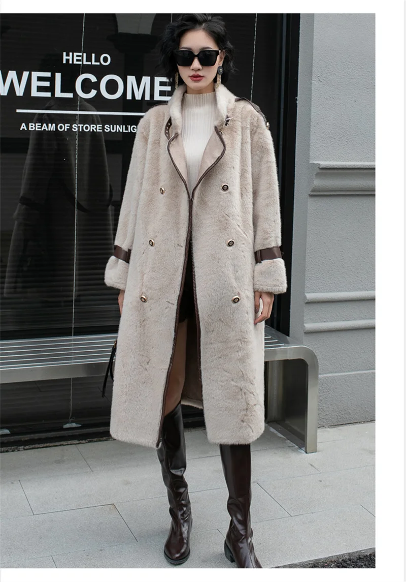 ZAROY Faux Fur Patchwork Leather Women Long Coat Winter Elegant Double-breasted Belt Thick Warm Overcoat Snow Jacket Outerwear