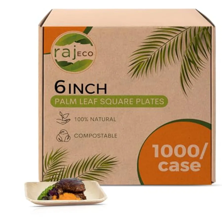 

Palm Leaf Plates Bulk [50-Pack] 6" Square Plates 20 CASES - 1000 PACK like Bamboo plates Disposable Strong Decorative Compostab
