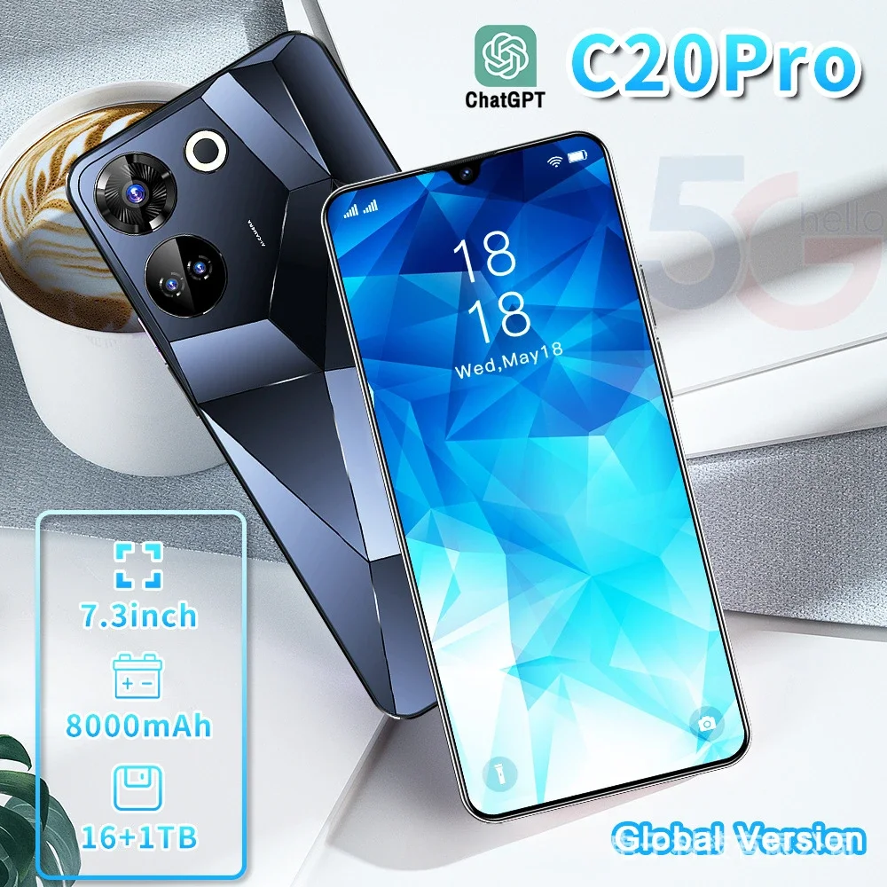 Горячий продавать новый C20Pro 7,3-дюймовый HD-экран 16 + 1T Android Смарт Внешняя торговля Мобильный телефон Смартфон Дешевые телефоны S22 S23 Ultra