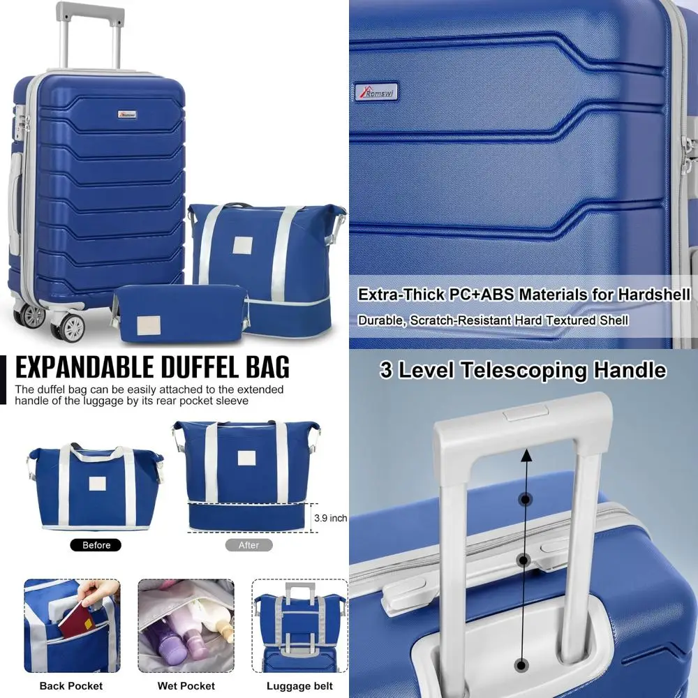

3-piece carry-on luggage set, 20" lightweight pc+abs hardshell with tsa lock and 8 spinner wheels, durable suitcase ensemble