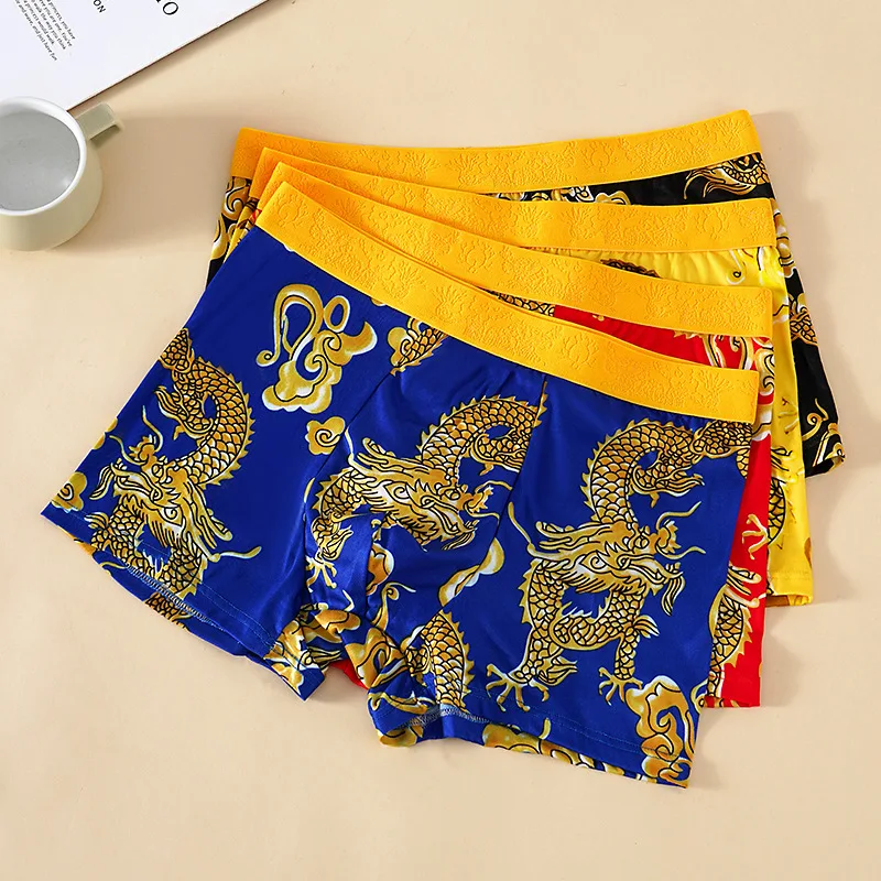 

4PCS Graphene File Dragon Print Men's Underwear Network Xxplosion Breathable Comfortable Trend Dragon Pattern Men's Flat Boxers