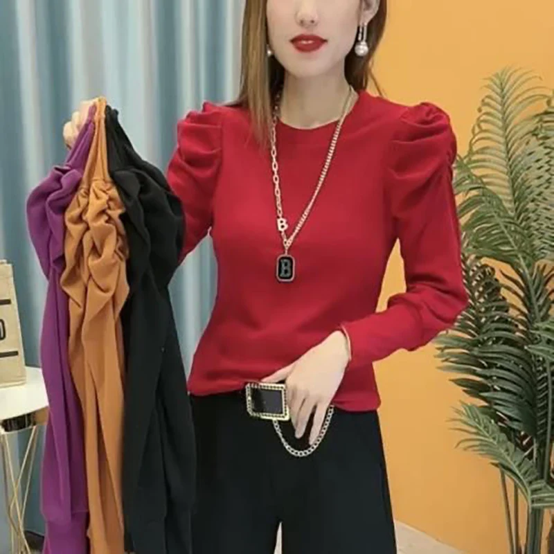 Elegant Stand Collar Solid Color Puff Sleeve Blouses Women\'s Clothing 2023 Autumn Winter Loose All-match Tops Office Lady Shirts