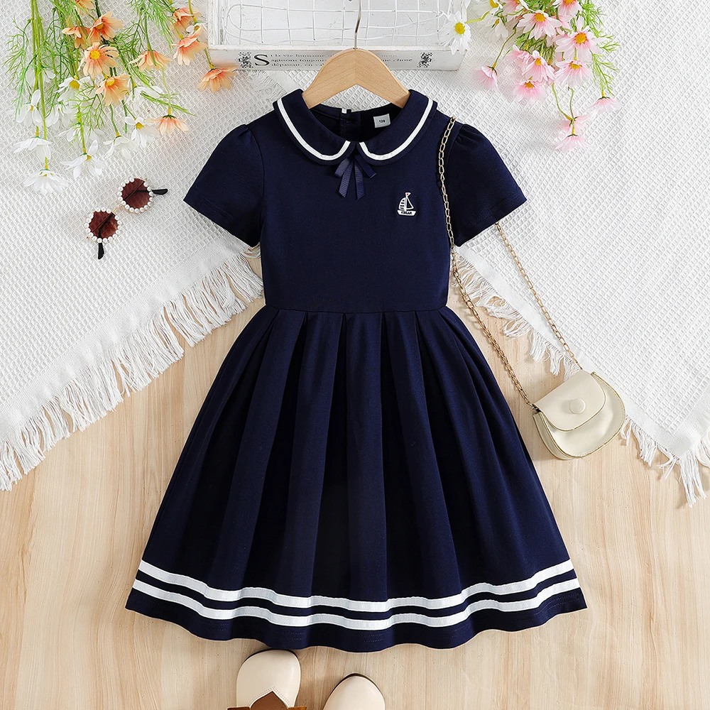 5-12Y Girls Dress Navy Blue Sailor Sundress 2026 New Peter Pan Collar Short Sleeve Pleated School Casual Dress