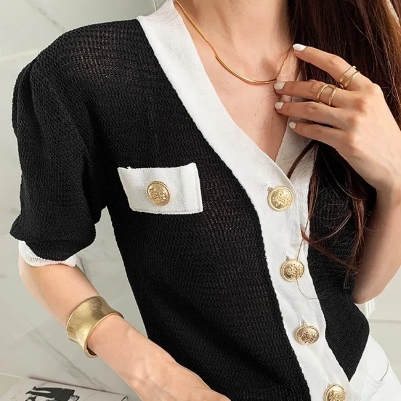 Contrast V-neck Cardigans Femme Short Sleeve Sweater Single Breasted Ropa Mujer Korean Simple Knitwears Summer 2024 Sueters