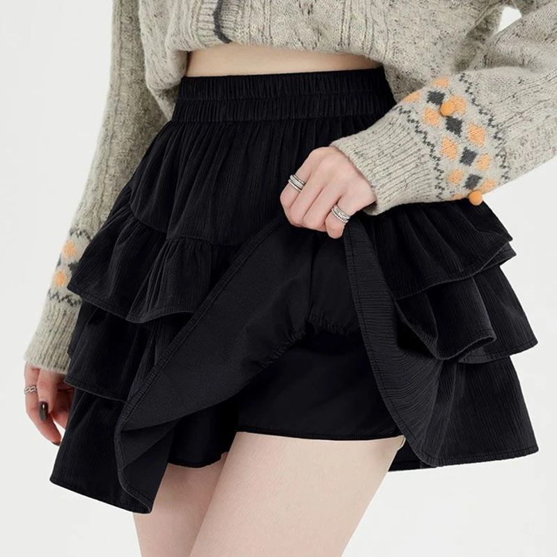 Casual Ball Gown Black Mini Skirts Women Winter Elastic Waist Korean Y2k Clothes Oversized Shorts Vintage Ruffles Micro Skirt