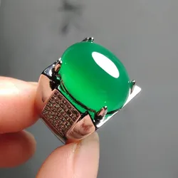 Natural Green Chalcedony Hand Carved Jade Ring, Fashionable  Jewelry, Men's and Women's Agate Ring with Adjustable Opening
