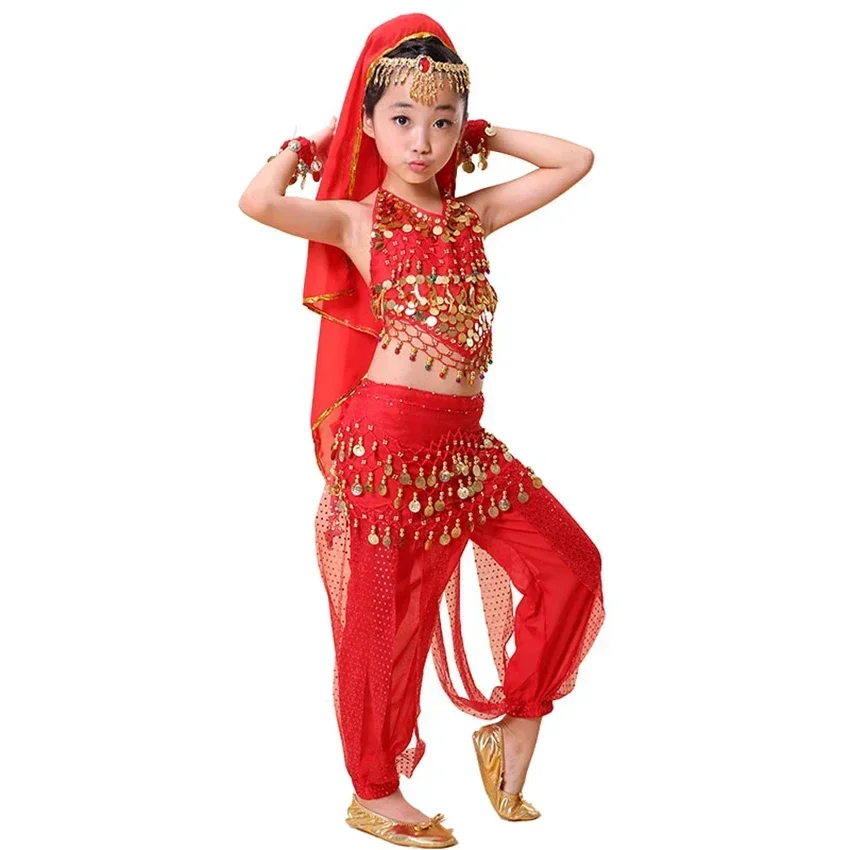 Children Belly Dance Costume Girls Sequin Stage Performance Indian Oriental Clothes Kids Bollywood Dancing Halter+Legged Pants