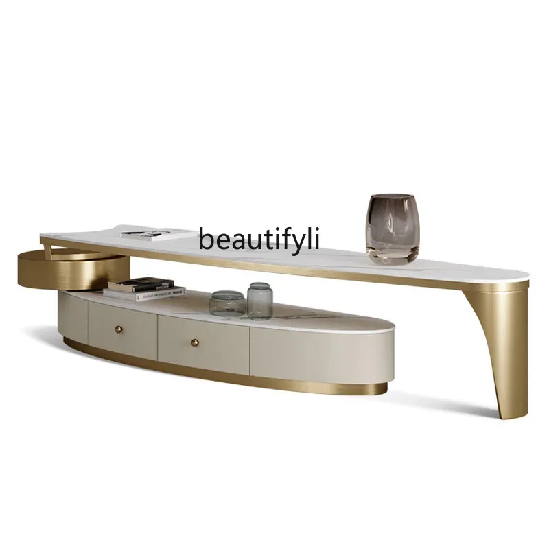 

Light luxury coffee table combination with drawers Modern simple rock slab telescopic TV cabinet