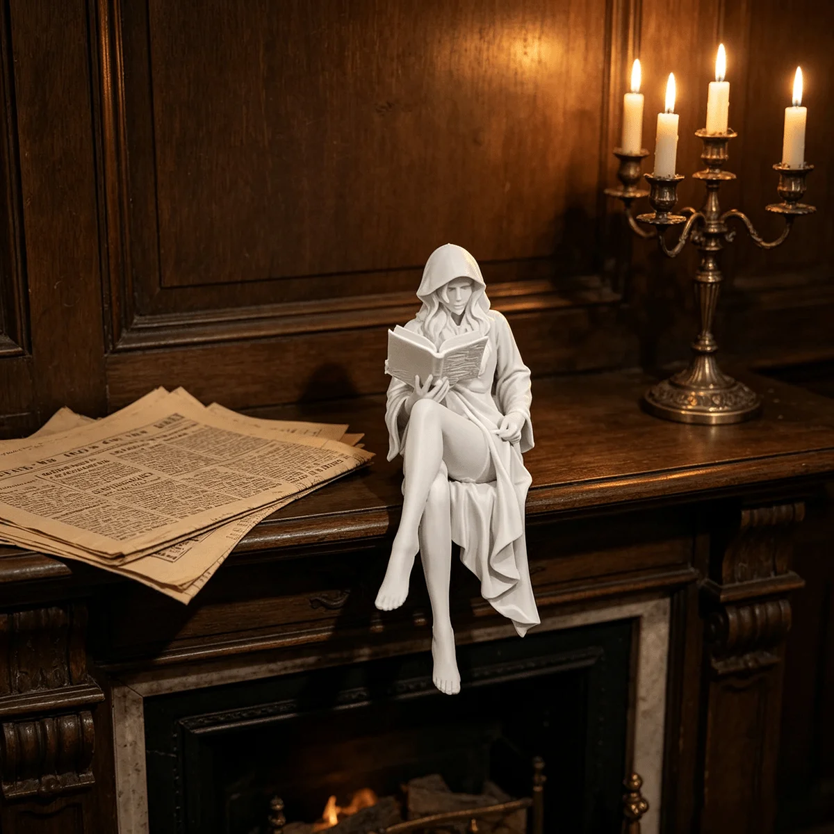 Statue de femme lisant à la fenêtre avec capuche, impression 3D, figurine de lectrice, ornement vintage pour cheminée, étagère, bureau, décoration intérieure