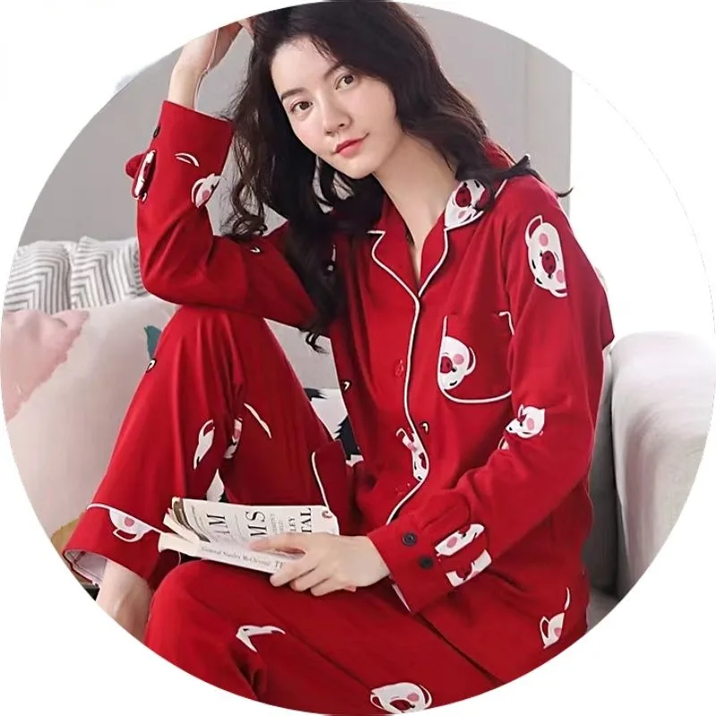 2024 neue Baumwoll pyjamas Frauen Frühling Sommer Nachtwäsche Langarm Cardigans Homewear lose lässige V-Ausschnitt lose Lounge wear Set