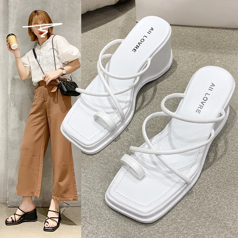 Female Shoes Rubber Flip Flops Slippers Casual Slides Women Heels Loafers Square Toe Platform On A Wedge 2024 Soft Hawaiian