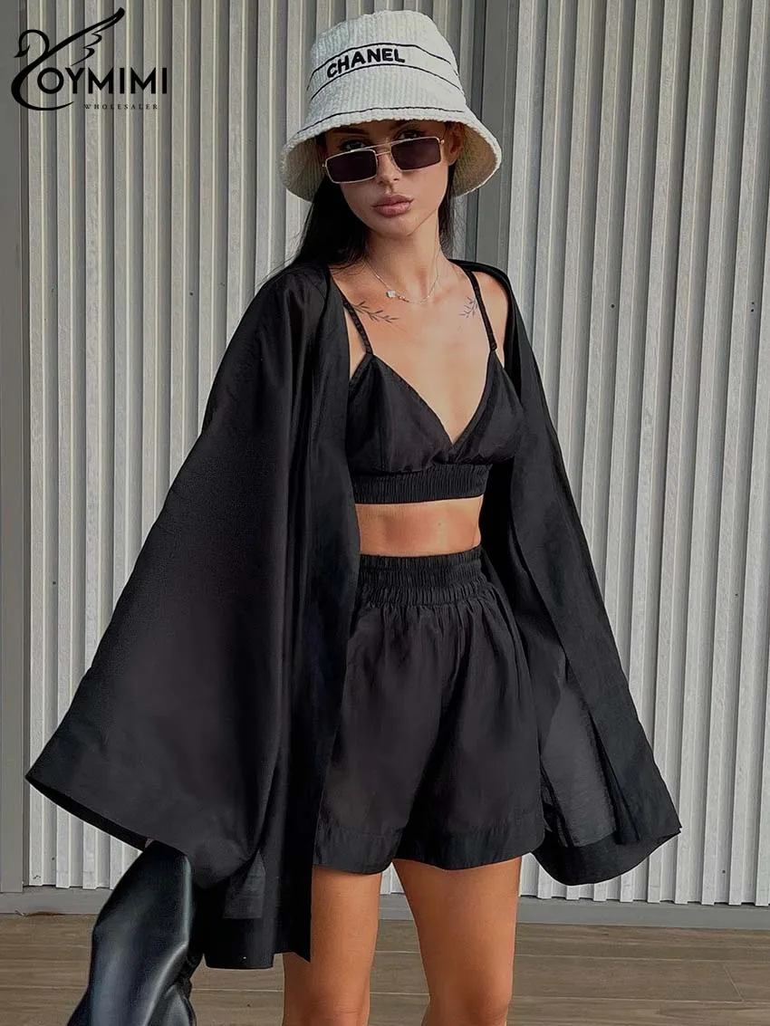 

Oymimi Causal Black Women's Two Pieces Set Fashion Long Sleeve Loose Blouses And High Waisted Simple Shorts Sets Female Clothing