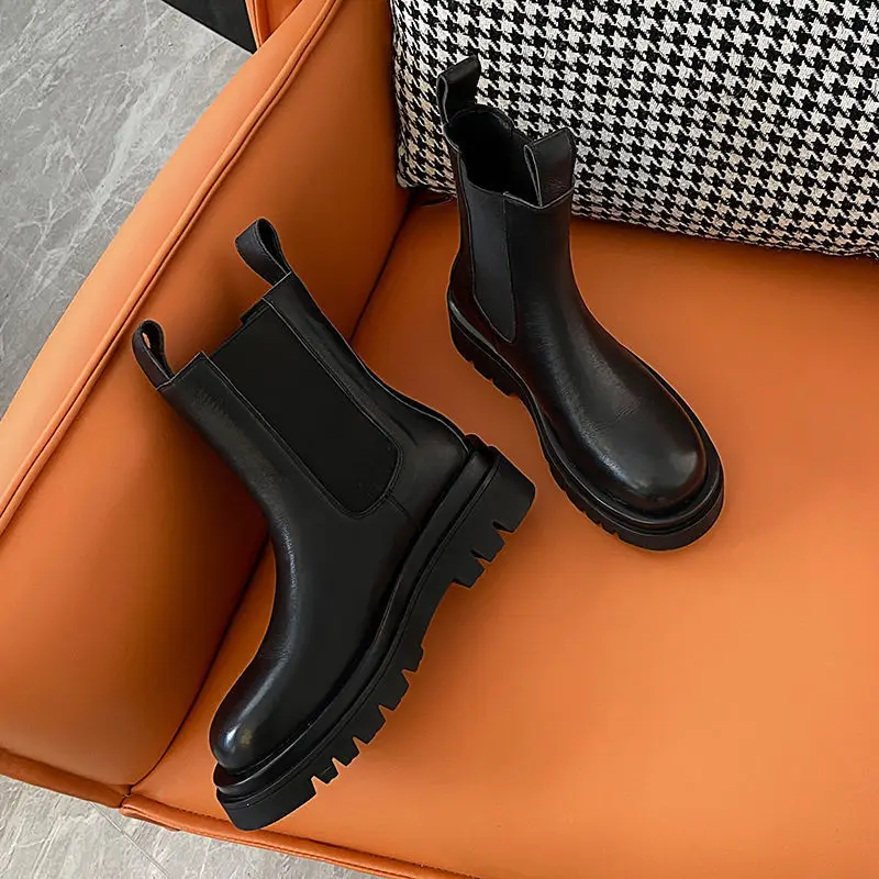 Autumn Boots For Women Platform Chelsea Boot Spring Cowhide Booties Fashion Female Thick Bottom Black Bootie998