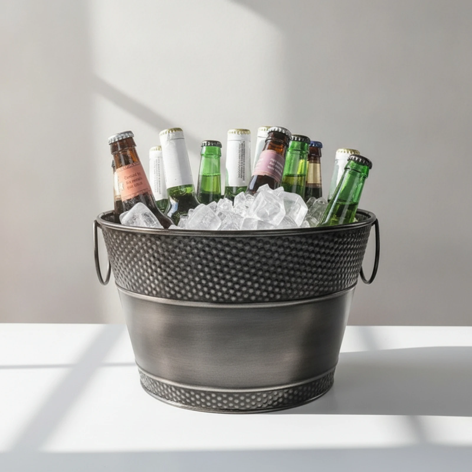 Ice Container with Handles Hammered Beverage Tub with Handles Bottle Chiller Metal Container Open-Top for Hosts, Parties