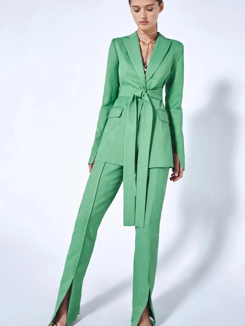 Groene Vrouwen Suits Set 2 Stuks Blazer Met Riem + Split Broek Custom Made Fashion Hot Girl Casual Jacket Party prom Dress