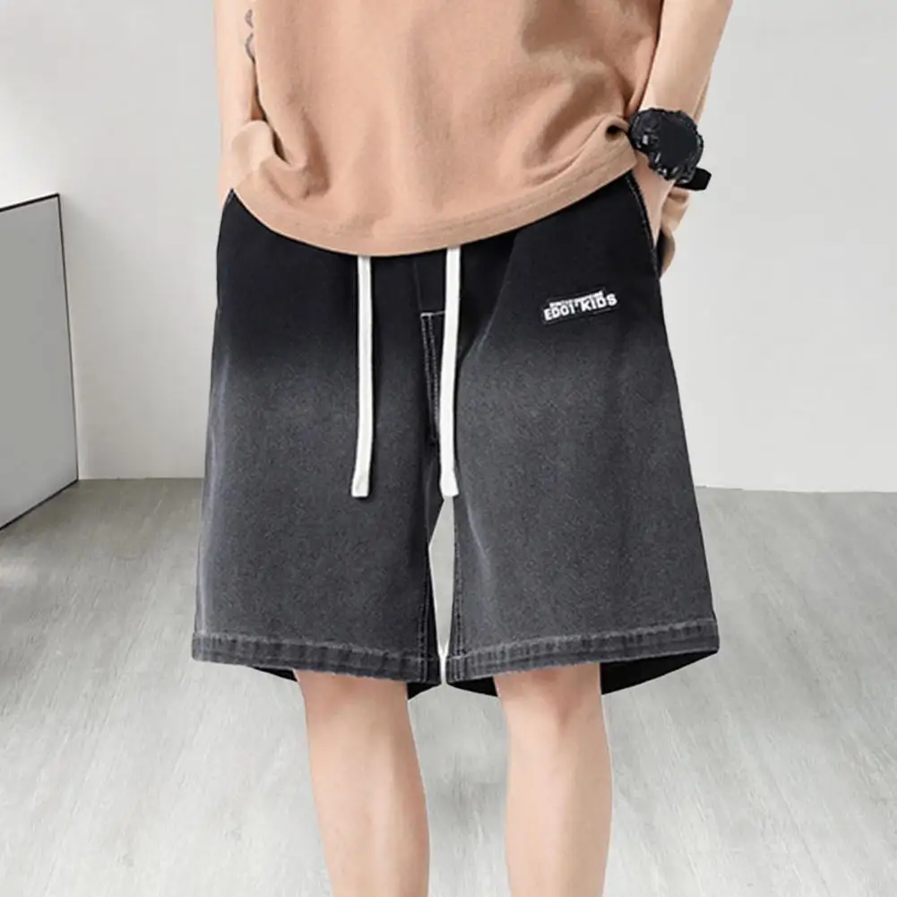 Men Summer Shorts Elastic Waist Drawstring Wide Leg Jeans Short Gradient Color Deep Crotch Pockets Loose Short