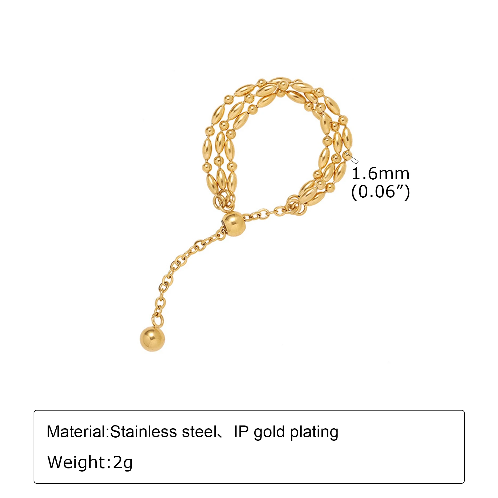 Women Girls Trendy Solid Gold Color Metal Links Rings, Dainty Stainless Steel Beads Chain Finger Band, Adjustable Size 7-12 Ring image 5
